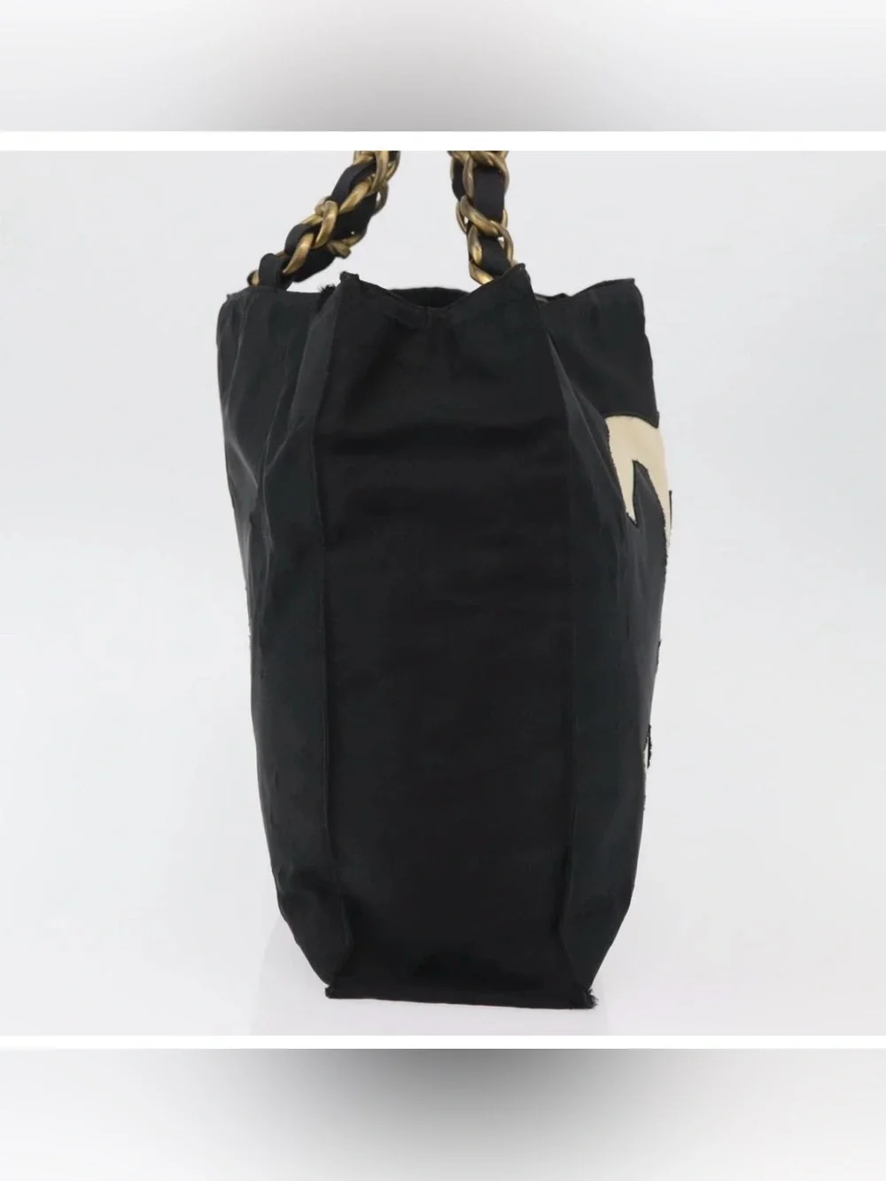 👜 CHANEL Black Tote Cream CC Logo Chain-Strap Golden Nylon Authentic Coco